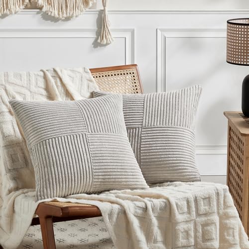 Fancy Homi 2 Packs Neutral Grey Big Decorative Throw Pillow Covers 24x24 Inch for Living Room Couch Bed, Rustic Farmhouse Boho Home Decor, Soft Corss Corduroy Patchwork Accent Square Cushion Case 60cm