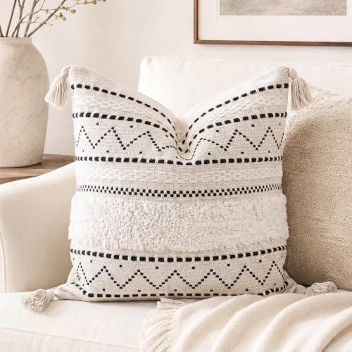BlissBlush 20X20 Throw Pillow Cover, Cream Neutral Square Decorative Cushion Cover with Black Pattern, Boho Accent Pillowcase with Tufted Details and Tassels for Couch Sofa Living Room (Cover Only)