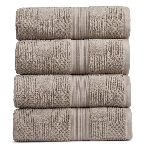 Springtree Home 100% Cotton Bath Towel Set - 4-Pack - Textured - Brown - Luxury Geometric Design - Absorbent & Quick-Dry Bathroom Towels - Textured and Durable Cotton Towels for Bathroom - OEKO-TEX
