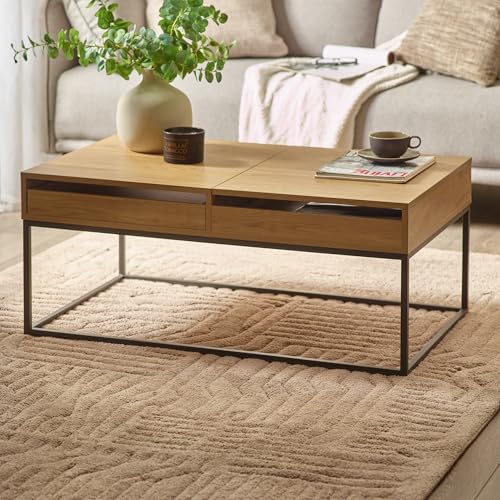 Julian Bowen Kade Coffee Table - Lift Up Wooden Centre Table with 2 Drawers, Hidden Storage, Laptop Lift-Top & Metal Frame for Living Room, Oak Effect Design - 42 x 100 x 60cm