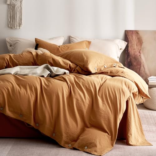 "JELLYMONI 100% Washed Cotton Duvet Cover Queen??? Soft & Breathable Linen-Look Bedding for Cozy Bedrooms and All-Season Comfort, Natural Wrinkle Texture, Button Closure, 3PCS Set (Amber Orange, 90""??90"")"
