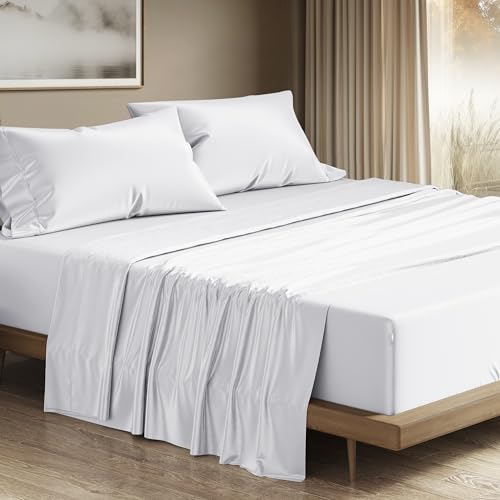 "THREAD SPREAD 100% Egyptian Cotton Sheets California King Size - 1200 Thread Count Cal King Size Sheets Set, 4 PC Luxury Bedsheet (White), Soft, Cooling, 17"" Deep Pocket Sateen Weave Bedsheet Set"