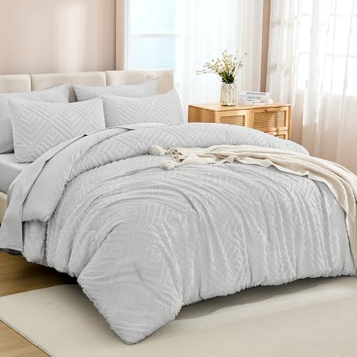Andency California King Comforter Set 7 Pieces, Light Grey - Bed in a Bag Cal King, Soft Lightweight Fluffy Polyester, Boho Tufted Reversible Bedding Comforter Set with Sheets All Season