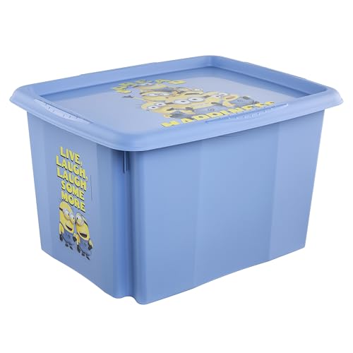 keeeper karolina storage box with lid, 30 l, nestable and stackable, Design: Minions, Happiness, For children, Blue (Soft Blue)