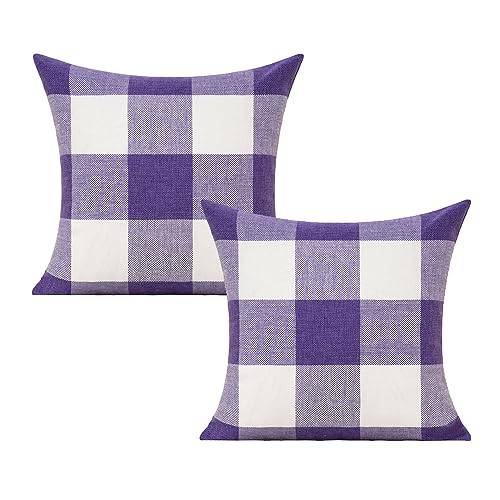 VAKADO Purple Throw Pillow Covers Buffalo Decorative Gingham Farmhouse Decor Outdoor Checkered Square Cushion Plaids Cases Home Decorations for Bedroom Couch Sofa Patio 18x18 Set of 2