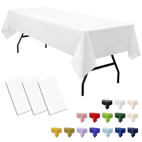 "PartiPallete 3-Pack Premium Plastic White Tablecloth Disposable 54"" x 108"" Rectangle Table Cover Party PEVA Table Cloths for Parties Birthday Wedding Engagement Banquet Fits up to 8 ft Long Tables"