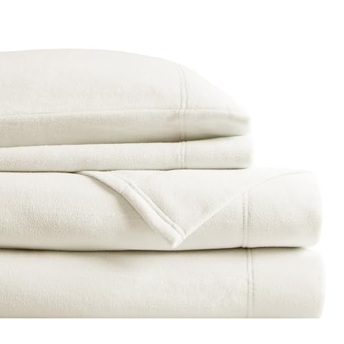"SLEEP PHILOSOPHY True North Micro Fleece Bed Sheet Set, Warm, Sheets with 14"" Deep Pocket, for Cold Season Cozy Sheet-Set, Matching Pillow Case, King, Ivory, 4 Piece"