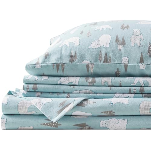 Comfort Spaces Cotton Flannel Breathable Warm Deep Pocket Sheets with Pillowcase Bedding Queen Size Blue Polar Bears Pack of 4