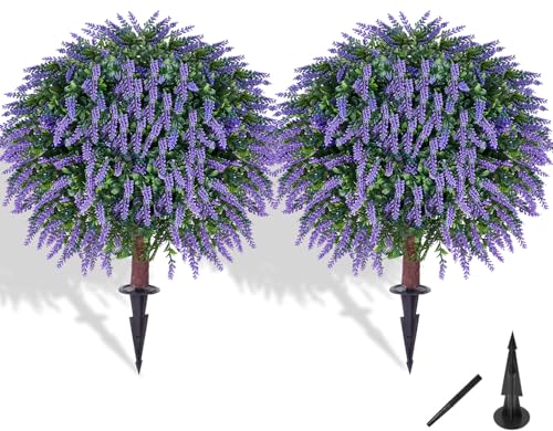 Artificial Rose Topiary Trees, 22 Inch UV-Resistant Red Flowers, Set of 2 with Ground Stakes, Indoor Outdoor Decorative Plants (2, Lavender)