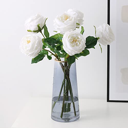 Ukeler White Artificial Roses 4 Pcs Real Touch Latex Artificial Flowers Austin Rose Peony with Long Stem for Wedding Bouquet Home Decor Flower Arrangement Valentine's Day Gift