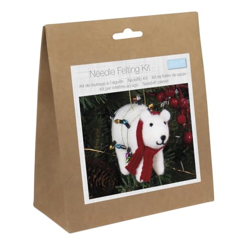 Trimits Polar Bear Needle Felting Kit with Wool & Felting Needle - Includes roving wool, felting needle, knitted scarf, fairy light trim and illustrated instructions.