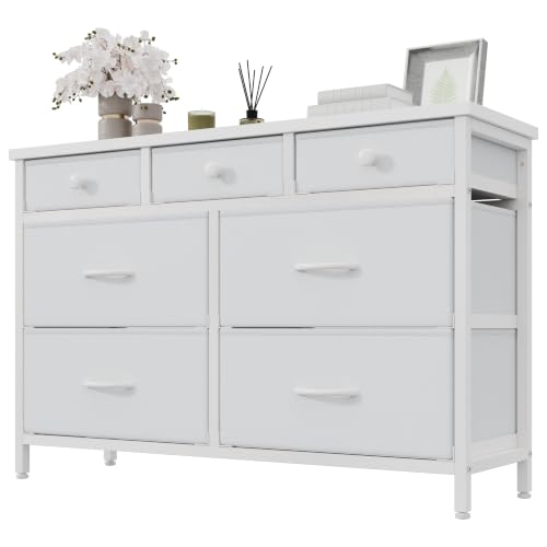 Feonase Chest of Drawers With 7 Storage Drawer, Sturdy MDF Top and Steel Frame, Modern Fabric Chest of Drawers for Bedroom, White
