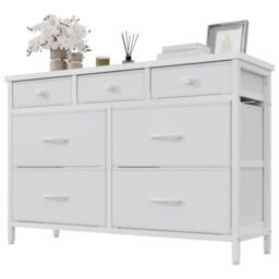 Feonase Chest of Drawers With 7 Storage Drawer, Sturdy MDF Top and Steel Frame, Modern Fabric Chest of Drawers for Bedroom, White