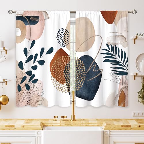 oolygoo Abstract Mid Century Small Kitchen Curtains Leaf Window Treatment Boho Modern Cafe Short Window Curtains for Bathroom Dining Room Minimalist Geometric Tier Treatment Drapes 27.5x39 inch