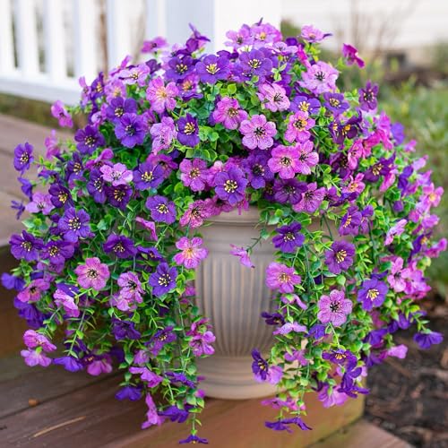 HyeFlora Artificial Flowers for Outdoors Decoration, 2Pcs Dark Purple and Purple Fake Hanging Flowers, UV & Fading Resistant, Faux Decor for Porch Patio Balcony Planter