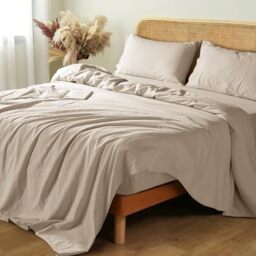 Shilucheng 100% French Linen Sheets - Queen Size Bed Sheets, Breathable & Cooling Pure Linen Sheets,Soft Durable and Tear Resistant -16 Inch Deep Pocket - 4Pcs (Linen, Queen)