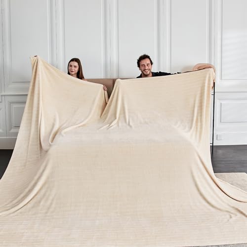 Serenhom Extra Large 120x120 Inch Giant Soft Cozy Fleece Blanket, Huge Oversized Seamless King 3D Jacquard Decorative California King Blanket for Bed, Couch, Travel - Striped Khaki