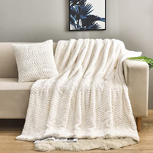 "YUSOKI Luxury Double Sided Faux Fur Throw Blanket(Without Pillows),Soft Fuzzy Fluffy Cozy Blanket Plush Furry Comfy Warm Blanket for Couch Bed Chair Sofa Bedroom Women Teen Girls Gift(Ivory,50"" x 63"")"