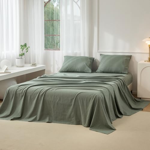 "JIYUAN Queen Washed Cotton Sheet Set, 4-Piece, Relaxed Linen Feel - Deep Pocket Fits Mattresses up to 17"". Flat Sheet & 2 Pillowcases. Naturally Soft & Breathable. Machine Washable."