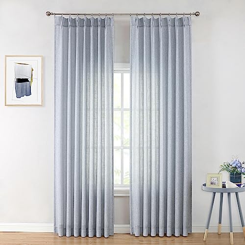 "Vision Home Blue Pinch Pleated Semi Sheer Curtains Textured Light Filtering Window Curtains 108 inch for Living Room Bedroom Rayon Blend Chambray Blue Pinch Pleat Drapes with Hooks 2 Panels 40""Wx108""L"