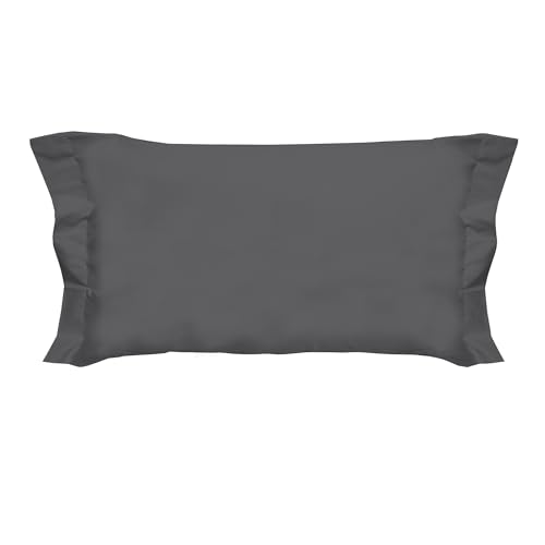 PENSIERI DELICATI Pair of Pillowcases 52 x 82 cm with Two Shuttlecocks Finish in Plain Colour, Made in 100% Cotton, Made in Italy, Anthracite
