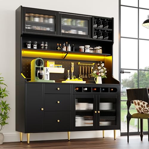 Ball & Cast Highboard with LED Lights & Adjustable Shelves, Freestanding Storage Cabinet, Tall Unit with Wine Rack for Living Room, Kitchen, Dining Room, 145 x 39 x 171 cm Black