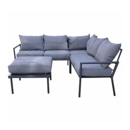 Metal Garden Furniture Set 5 Seater Grey Outdoor Patio Sofa Set - L-Shaped Corner Sofa, Ottoman Table, Thick Cushions Rust-Proof Design for Lounge Conservatory Balcony Seating