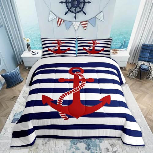Nautical Anchor Comforter Set Twin,Geometric Stripes Duvet Insert Ocean Adventure Theme Quilted Duvet Set Navy Blue and Red Bedding Set 2pcs for Kids Girls Teens Boys Room Decor with 1 Pillowcase