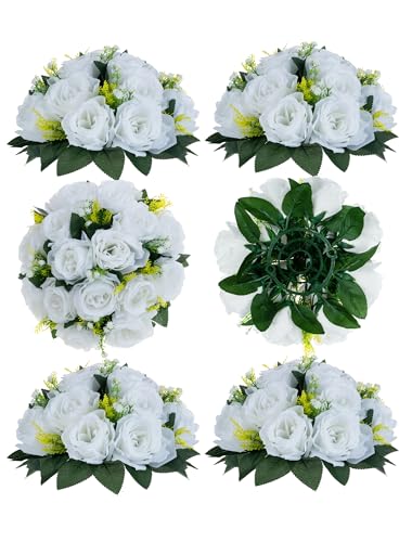 BLOSMON Flower Centerpieces for Tables Wedding 6 Pcs White Fake Flowers Rose Arrangement Bouquet Floral Centerpiece Balls Artificial Wedding Center Pieces of Valentines Day Home Party Decor