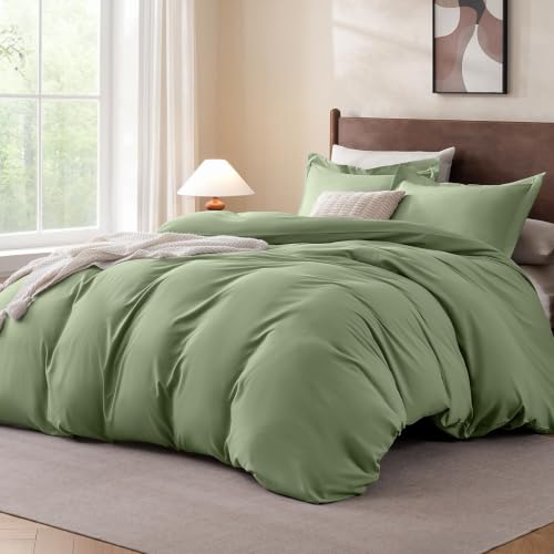 "FreshCulture Sage Duvet Cover Queen Size - 3 Pieces Microfiber Bedding Set, Soft Cozy Comforter Cover with Zipper Closure, 90""x90"", 2 Pillow Shams, Comforter Not Included"