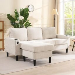 Ball & Cast L Shaped Sofa with Reversible Chaise, 3 Seater Corner Sofa with Storage Ottoman, USB Charging & Cup Holder, Sectional Sofa with Washable Covers, Linen Fabric Sofa for Living Room (Beige)