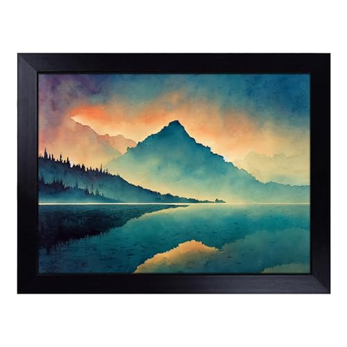 Lap Tray with Bean Bag Cushion, Magical Mountain Lake - Handmade in the UK, Raised Wooden Edge, Padded Cushion, Heat-Resistant Wipe-Clean Surface, for Meals, Laptops and Crafts