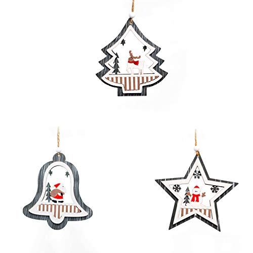 SHATCHI Christmas Tree Ornaments Grey Wooden Aesthetic Hanging Decorations set of 3 pcs Xmas DIY Holiday Home Décor – 1 Star, 1 Bell, 1 Tree Shape pieces(12cm)