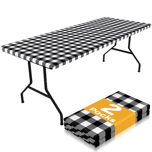 "Smiry Rectangle Picnic Table Cloth 2 Pack, Waterproof Elastic Fitted Tablecloths for 6 Foot Tables, Washable Polyester Buffalo Plaid Table Cover for Dining, Camping, Outdoor (Black & White, 30""x72"")"