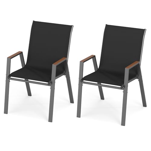 GiantexUK Stackable Patio Chairs Set of 2/4, Metal Frame Outdoor Dining Chairs with High Back & Armrests, Breathable Fabric Bistro Conversation Seats for Backyard Poolside Balcony (2, Black)