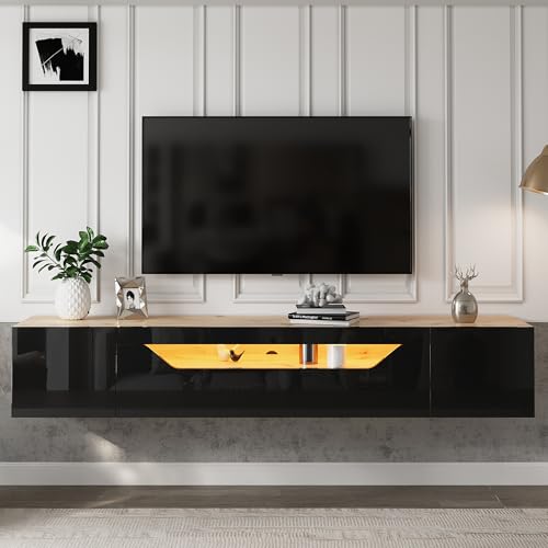 "Ball & Cast Floating High Gloss TV Stand Cabinet with LED Lights, Pull-Down Door Wall Mounted Unit, 2-Door Entertainment Center for Living Room Bedroom, Fits 75"" TVs, Black"