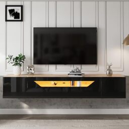 "Ball & Cast Floating High Gloss TV Stand Cabinet with LED Lights, Pull-Down Door Wall Mounted Unit, 2-Door Entertainment Center for Living Room Bedroom, Fits 75"" TVs, Black"