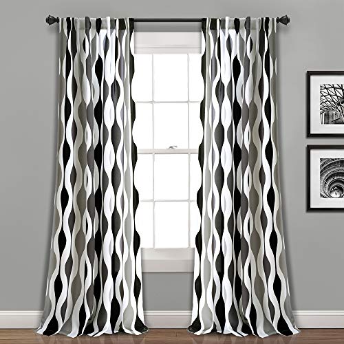 "Lush Decor Mid Century Geo Light Filtering Window Curtain Panel Pair, 95"" Long x 52"" Wide, Black & Gray"
