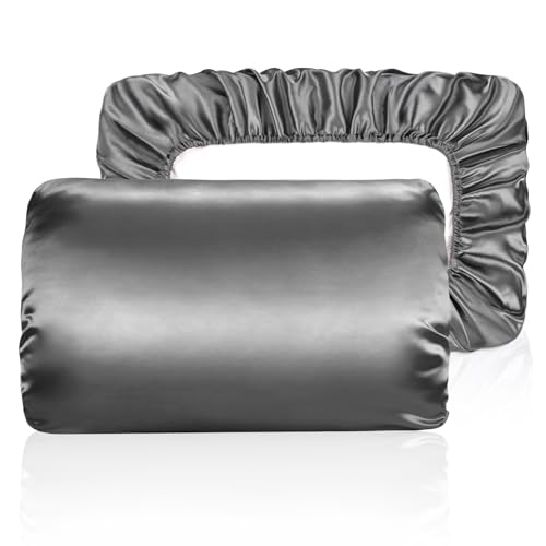 Yanideer Satin Pillowcase for Hair & Skin Travel Elastic Band Cooling Satin Pillowcases - Satin Pillow Case Cover Pillow Cases Standard Size Queen, Dark Grey