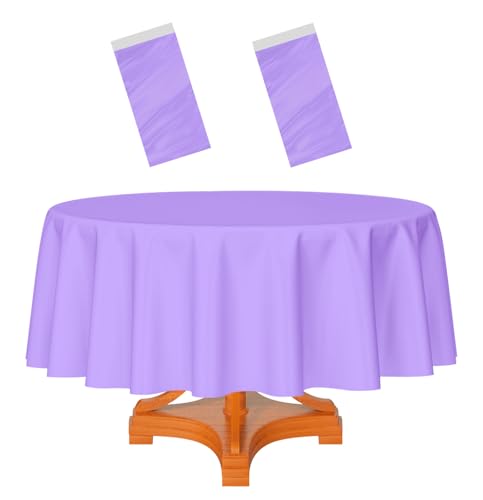 HEIPINIUYE 2 Pack Light Purple Tablecloth Round 84 Inch Round Plastic Table Cloth Waterproof Disposable Round Lavender Table Cover for Party Birthday Camping Picnic Baby Shower Circle Tablecloth