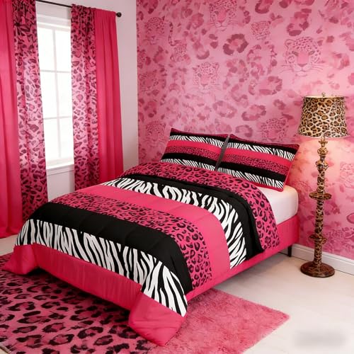 Leopard Print Kids Comforter Set Queen Size,Zebra Abstract Animals Skin Texture Bedding Set,Girls Boys Adults Room Decor,Geometric Stripes Down Comforter,Pink Romantic Duvet Insert,2 Pillowcases