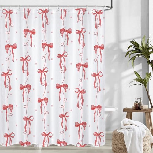 LYLYCTY Red Bow Shower Curtain for Bathroom, Teen Girls Theme, 72x72 Inches - Cute Girly Style, Waterproof Washable Fabric, for Home, Apartment, Bath Decor