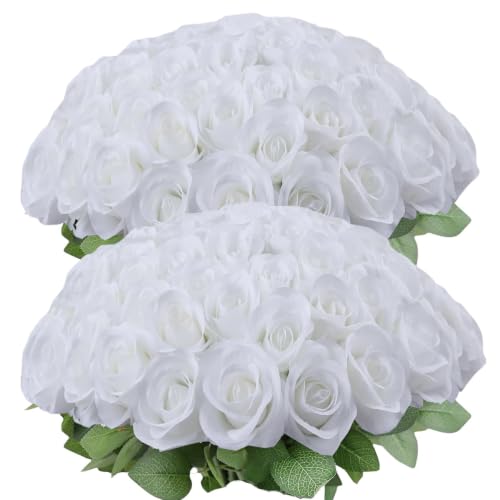 JUSMAI 30pcs White Roses Artificial Flowers White Silk Roses with Long Stems Fake Flowers for Wedding Bouquet Centerpices Decorations Party Bridal Baby Shower Home Decor