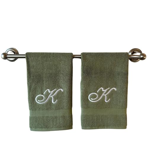 Decorvo Sage Monogrammed Hand Towels for Bathroom - Luxury Hotel Quality Personalized Initial Embroidered Towel for Powder Room, Spa - GOTS Organic Certified - Set of 2 White Letter K