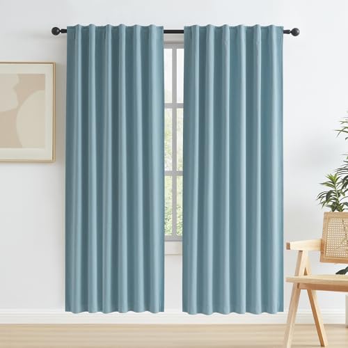KEQIAOSUOCAI Full Blackout Linen Curtains 72 Inch Drop 2 Panels, Heat and Full Light Blocking Thermal Insulated Drapes for Bedroom Back Tab Rod Pocket Hook Belt(Dusty Blue,50 Inch Wide Each Panel)