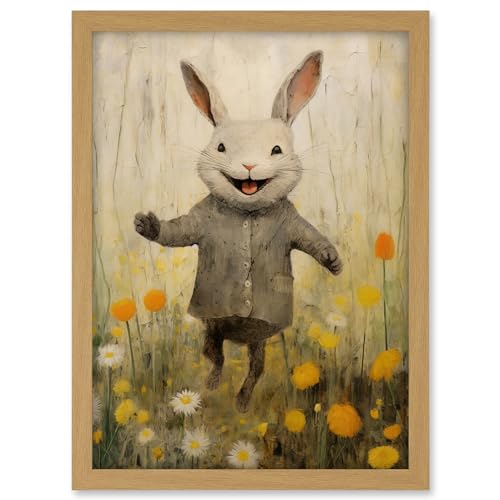 Artery8 Raincoat Rabbit Happy Bunny Flower Meadow Kids Girls Bedroom Nursery Artwork Framed A3 Wall Art Print