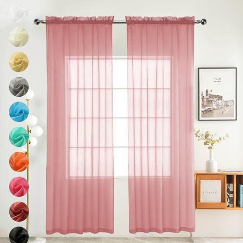 youleyar Solid Sheer Rod Pocket Curtain Voile Draperies 2 Panels White Beige Black Grey Coffee 52 Inch Width 90 Inch Long 1 Pair for Kitchen Bedroom Children Living Room Yard (Blush,52W???90L)