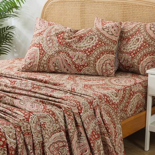 Zusbest Cotton Sheets Full 100% Cotton Burgundy Red Paisley Bed Sheet Sets Luxury Soft Breathable Crispy Cooling Percale Sheets, 4 Pieces