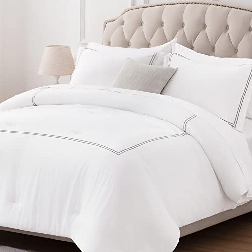 "SLEEP ZONE Luxury Hotel Bedding Comforter Set 3-Piece Machine Washable, Lightweight Down Alternative Duvet Insert with Embroidered Stripes, Queen (90"" x 95""), Grey Strips"
