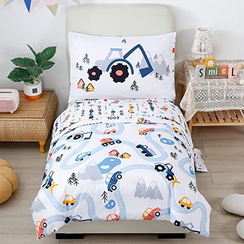 PERFEMET AONELAS Toddler Bedding Kids 4 Pieces Bed in A Bag for Boys Cars Printed Microfiber Toddler Comforter Sets with Standard Pillow Case Modern Bedroom Collection, White
